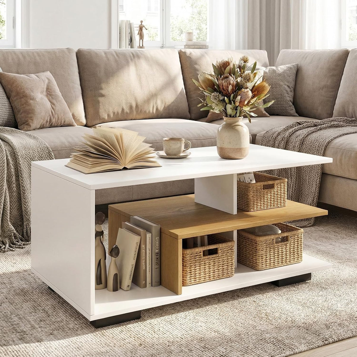 GOFLAME Rectangular Coffee Table for Living Room, 3-Tier Wood Center Table with Storage, L-Shaped Middle Shelf, Modern Accent Coffee Tables for Living Room, Reception Room, White & Natural