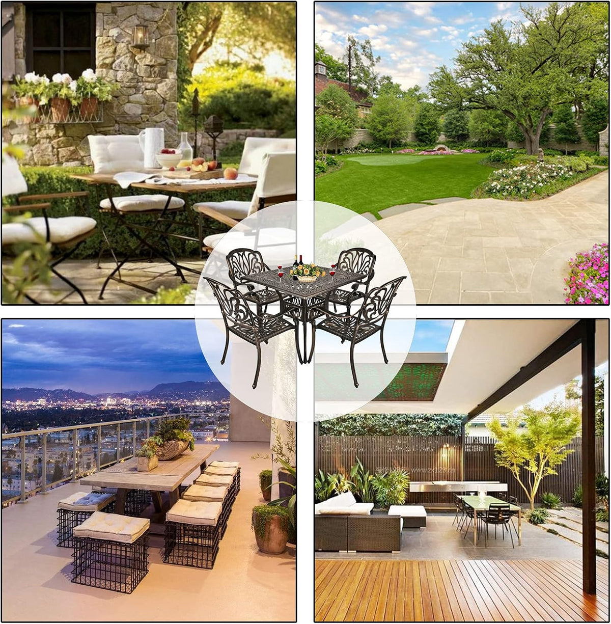 TITIMO 5-Piece Outdoor Patio Dining Set, Cast Aluminum Patio Furniture Set, 4 Chairs and 35.4" Square Table with 2.2”Umbrella Hole, Cast Aluminum Conversation Set for Yard Garden Porch Poolside