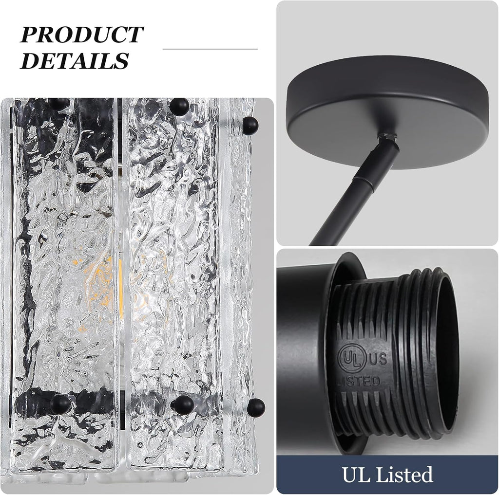 Black Glass Pendant Lights Kitchen Island, Water Ripple Round Pendant Lights Adjustable Modern Hanging Pendant Light Fixtures for Kitchen Island Dining Room Above Sink Foyer Entryway 2 Pack