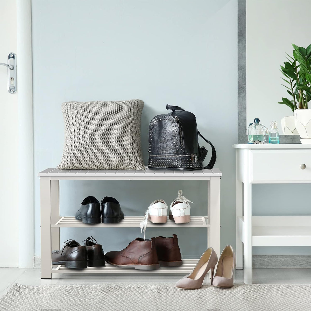 Simple Houseware Wooden Top Shoe Rack Bench for Entryway, White
