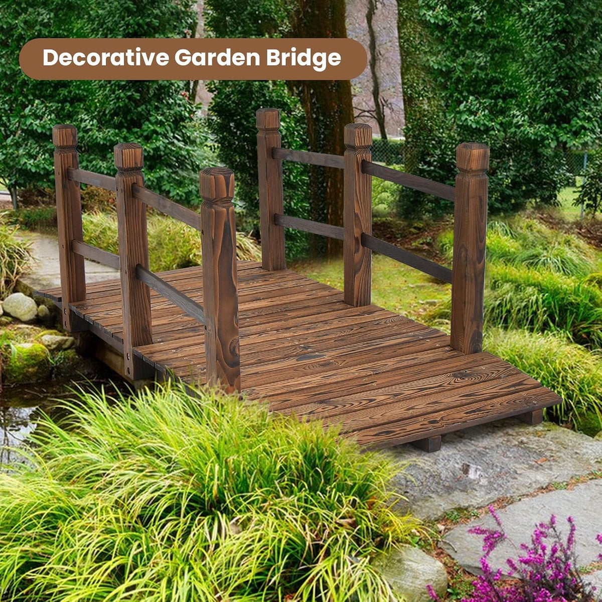 HAPPYGRILL 5FT Wooden Garden Bridge with Double Safety Railings