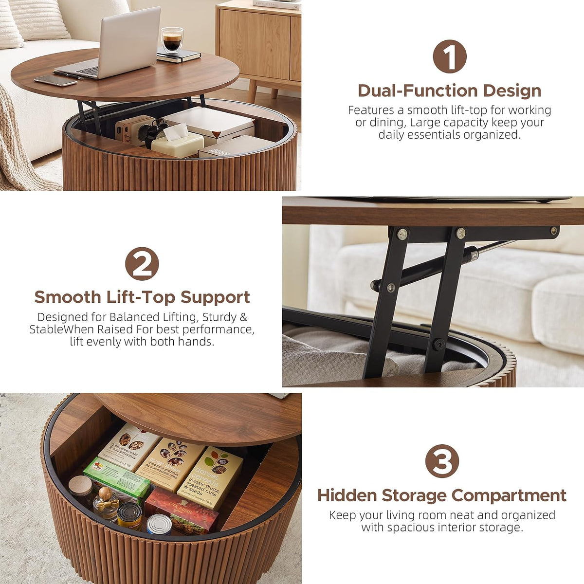 Round Lift Top Coffee Table with Storage, Fluted Circle Coffee Table,Walnut