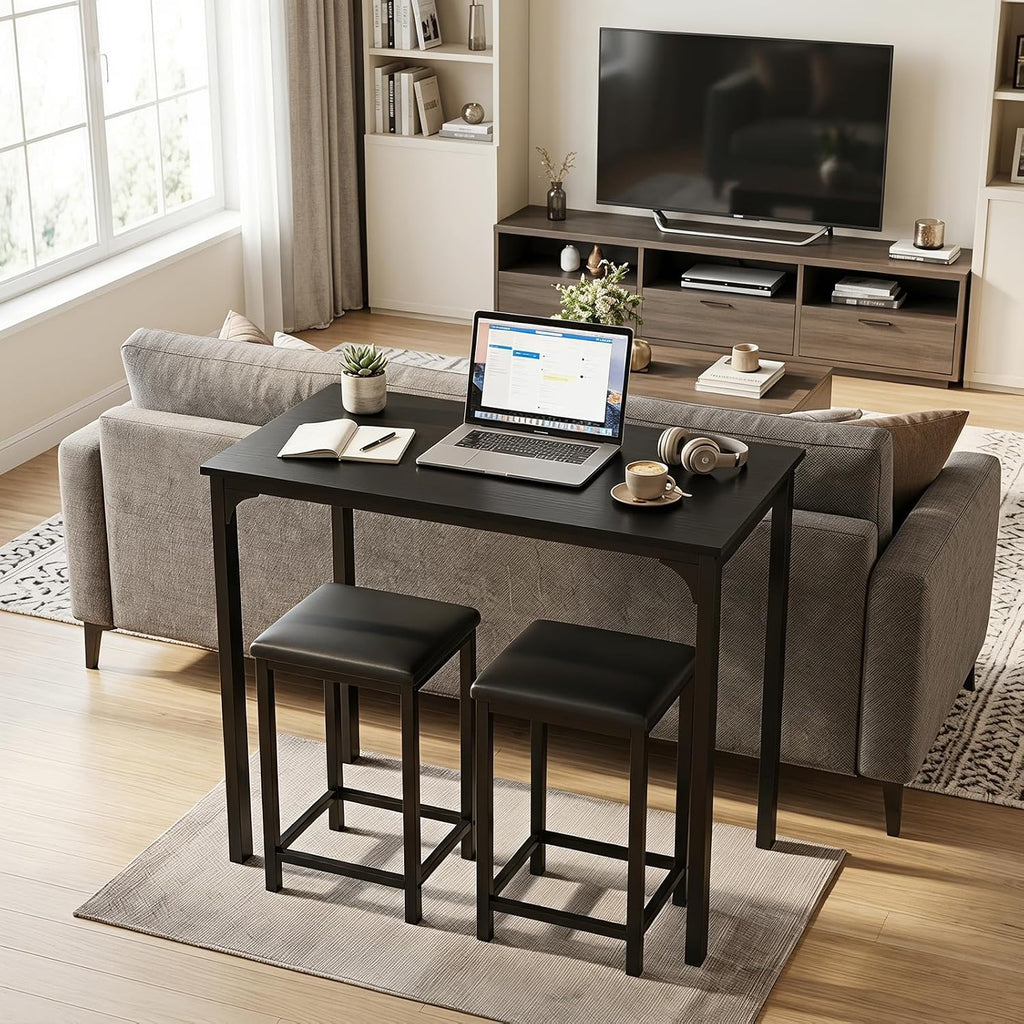 COSTWAY Dining Table Set, Counter Height Table & 2 Upholstered Stools