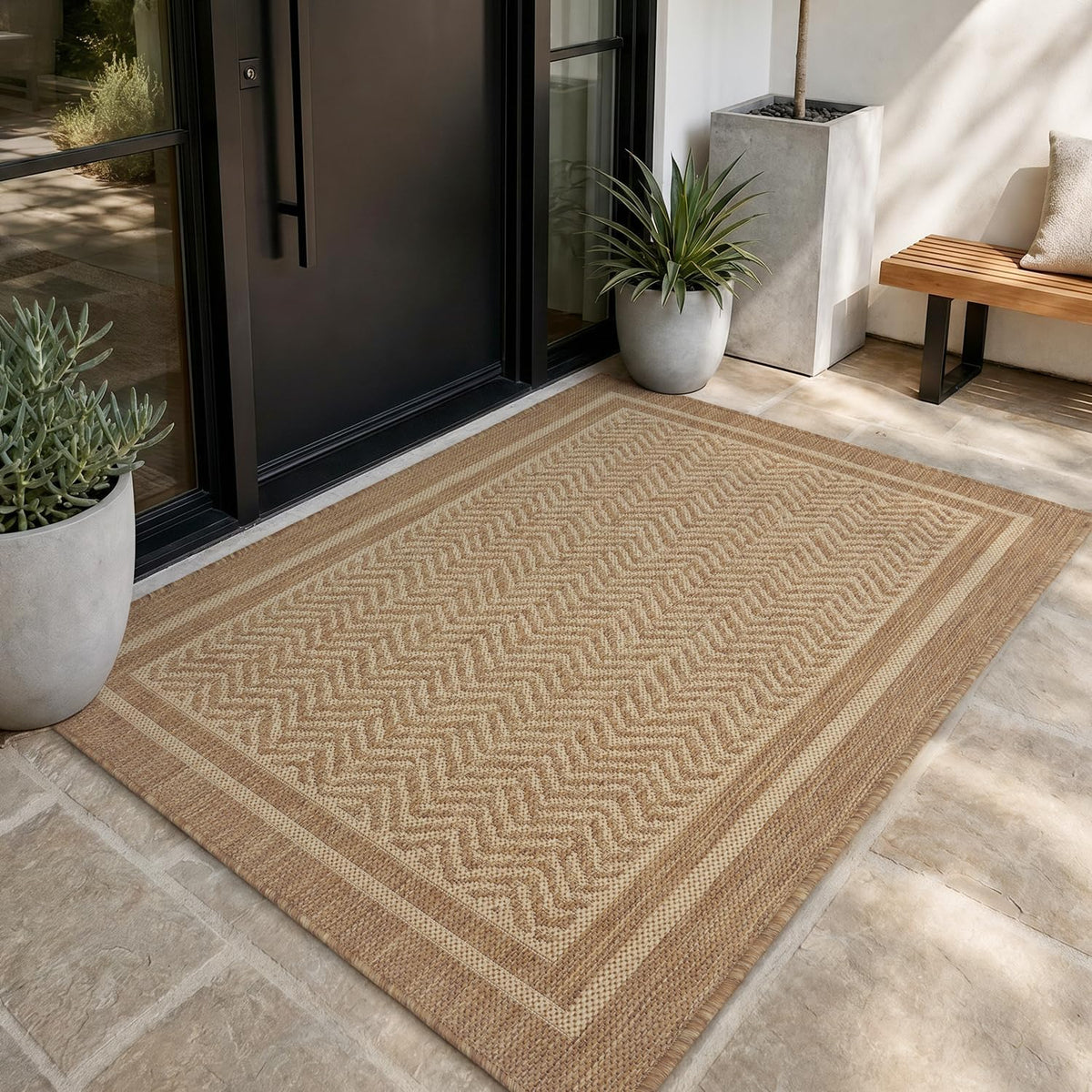 MontVoo-3x5 Outdoor Rug Porch Entryway Rug-Polypropylene Indoor Outdoor Rugs for Entryway Kitchen Balcony Patio, Textured Weave, Durable, Fade-Resistant, Non-Shedding, Boho Geometric Neutral Brown