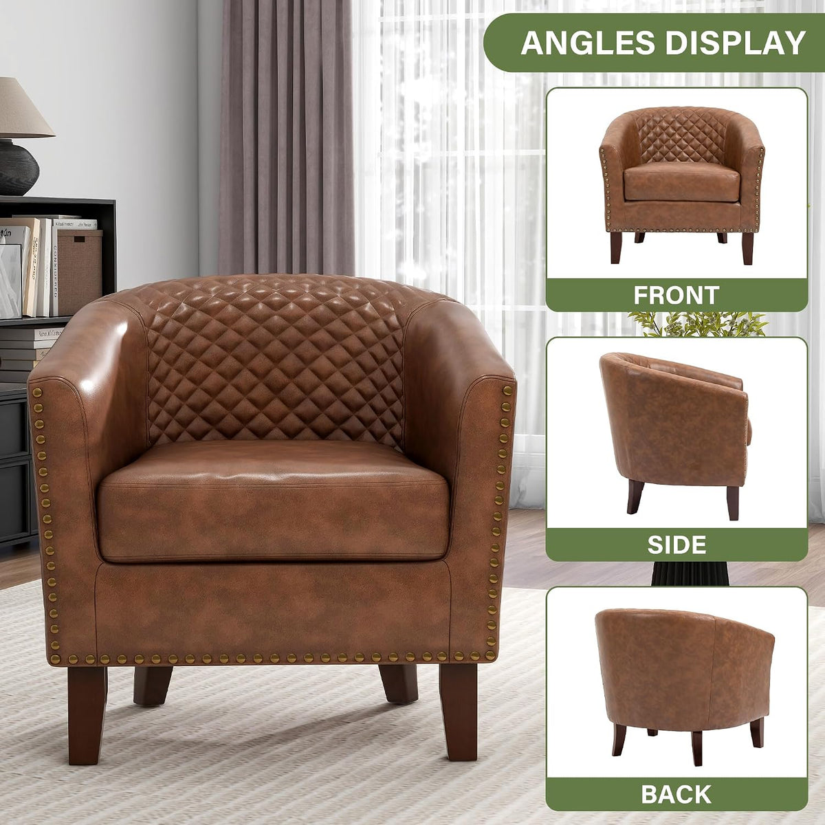 Faux Leather Barrel Accent Chairs Set of 4, Modern Armchair, Brown