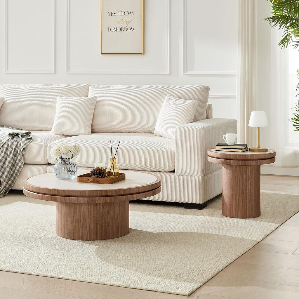 Sintered Stone Coffee Table Set of 2, 2 Piece Coffee Table and End Table Set with Sintered Stone Top, Modern Center Circle Side Tables for Living Room Bedroom, Walnut