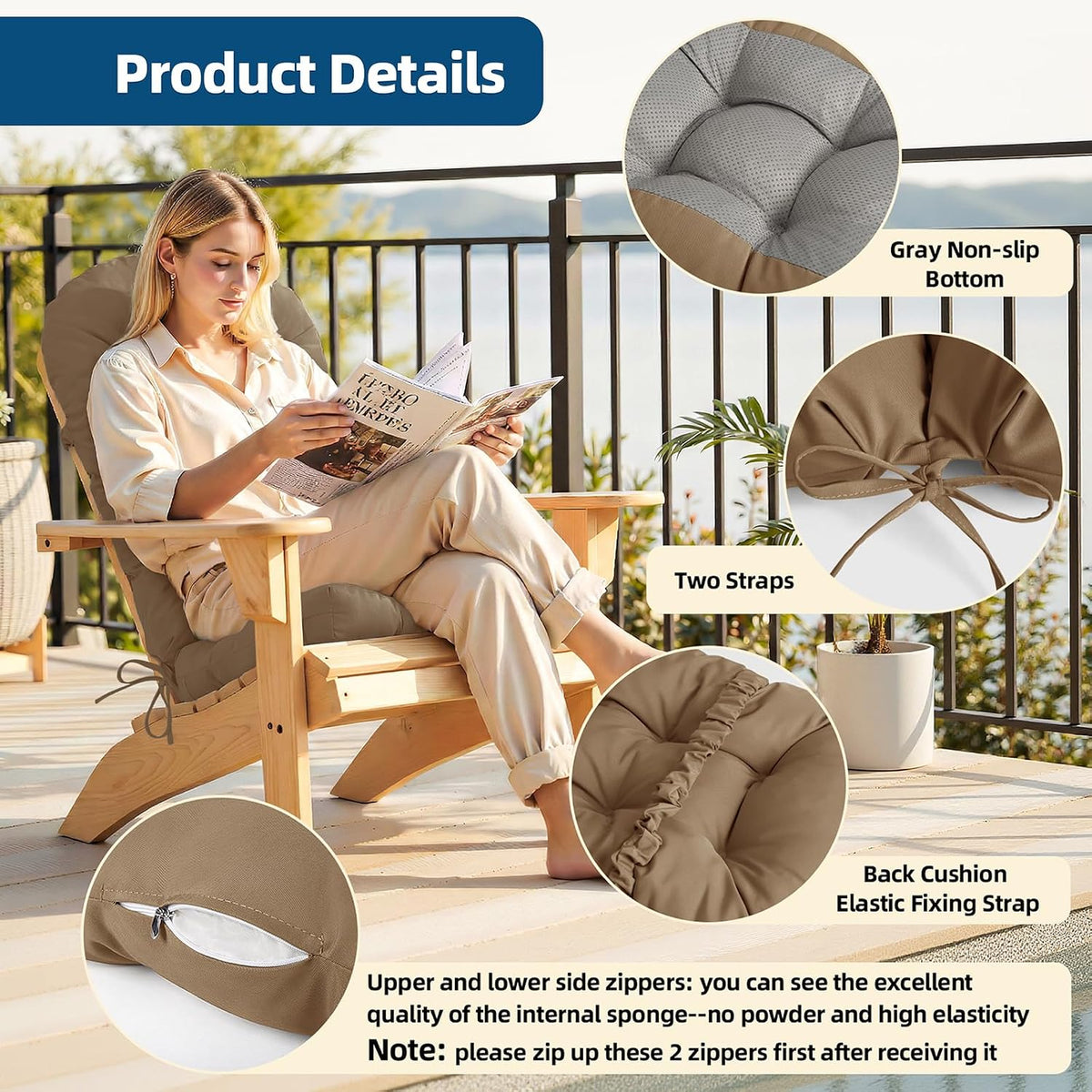 Adirondack Chair Cushion with Non-Slip & Waterproof, 44x19x4 Inch Thick High Back Rocking Chair Cushions Outdoor Indoor, One-Piece Patio Seat Cushion for Glider Porch Rocker Lawn Chair, Brown