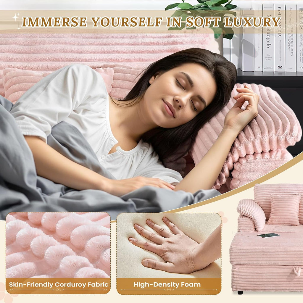 Deolme Oversized Chaise Lounge Chair with Storage Ottoman & USB Ports, Fluffy Corduroy Cloud Couch Sleeper Sofa Bed with Arm Rest, Comfy Overstuffed Sofa Chair Set for Living Room, Bedroom (Pink)