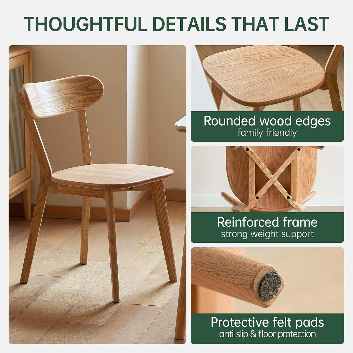 Oak Dining Chairs, Kitchen Chairs, 100% Solid Wood Modern Dinner Chair with Curved Backrest, Dining Room Chair for Kitchen, Living Room, Study (1PK, Natural)