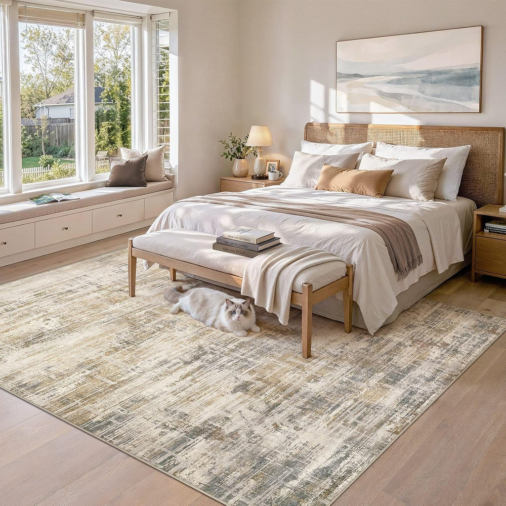 Uermei 9x12 Area Rug for Living Room Washable Abstract Golden Brown Carpet