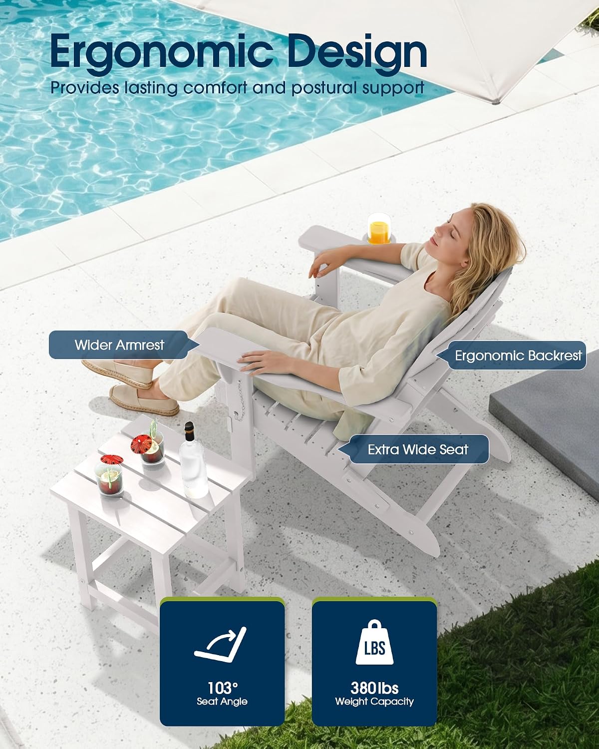 MUCHENGHY Folding Adirondack Chairs Set 2, HDPE for Fire Pit, White (Set of 2)
