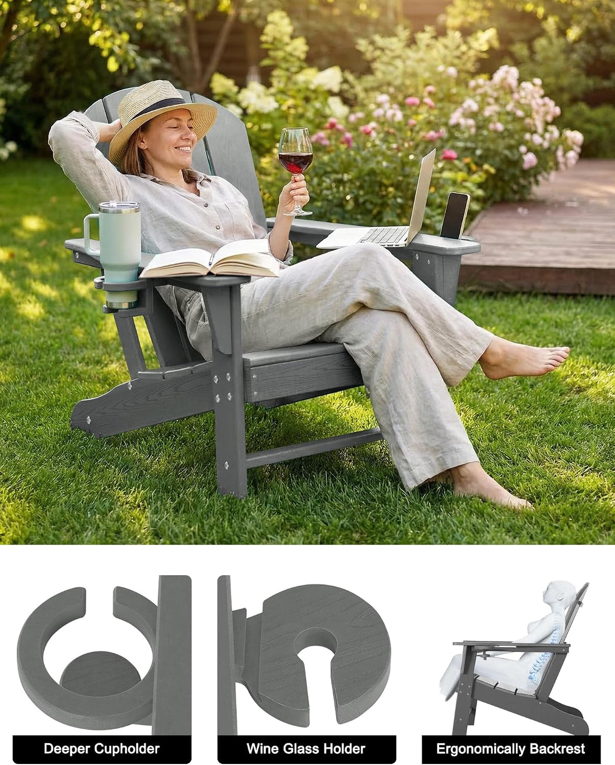 Oversized Adirondack Chair HDPE Cup Holders Heavy Duty Woodgrain Dark Gray
