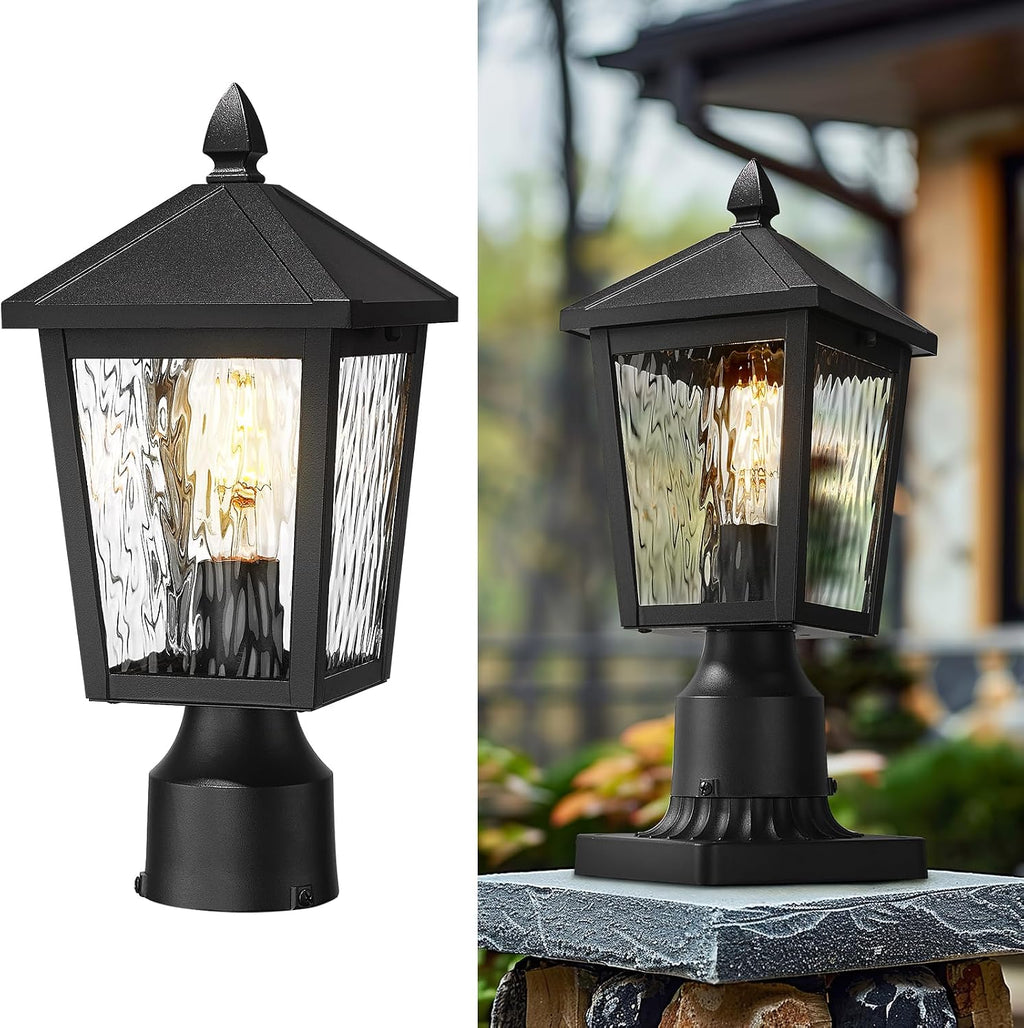 zeyu 13.6 Inch Outdoor Light Fixture for Post, Exterior Post Light Fixtures for Patio, Die-Cast Aluminum with Water Ripple Glass, Black Finish, 20076PS BK-WP