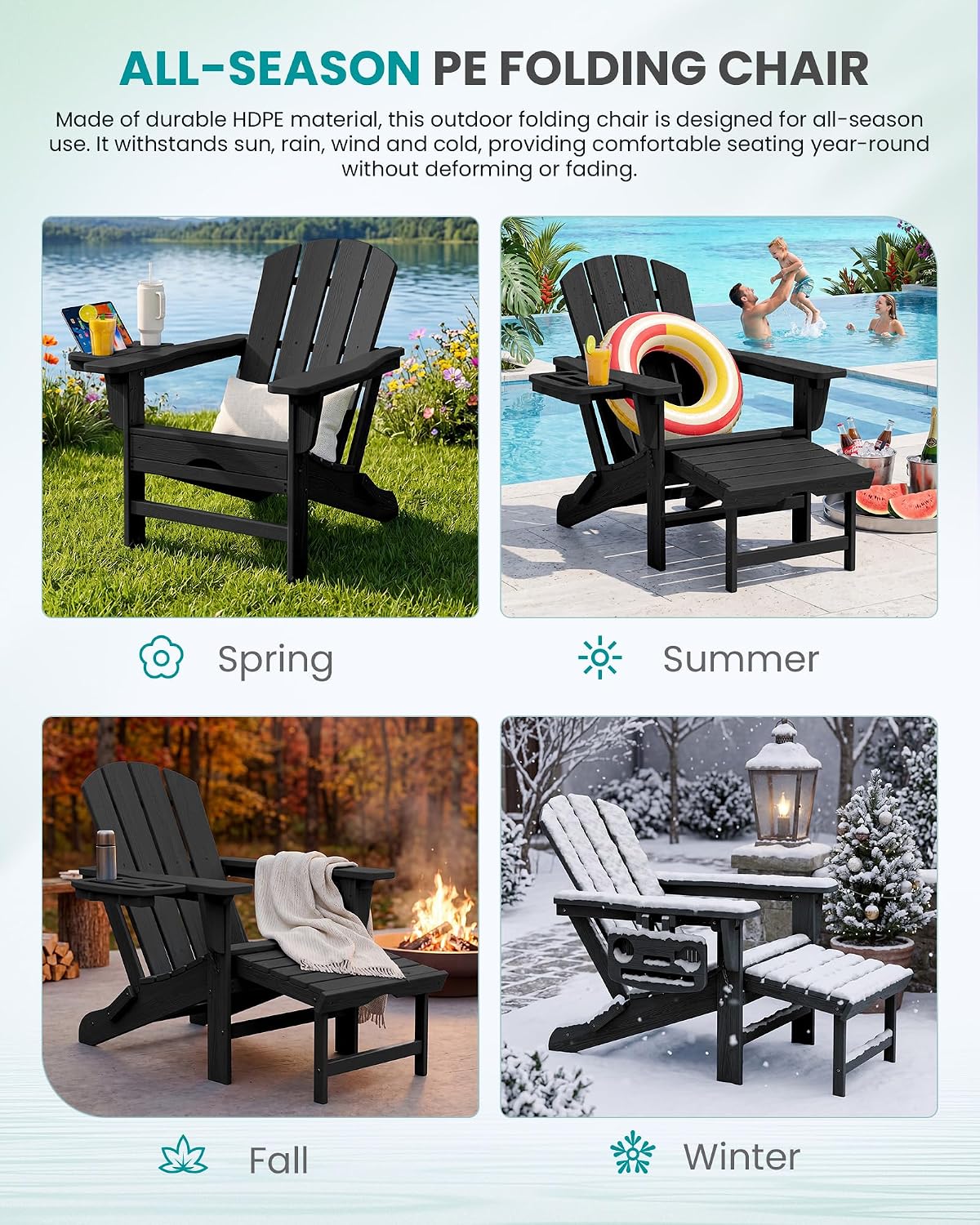 SERWALL Folding Adjustable Adirondack Chairs with Footrest Set of 4, HDPE Outdoor Chair with 4-in-1 Cup Holders, All Weather Adirondack Chair with Ottoman, Black