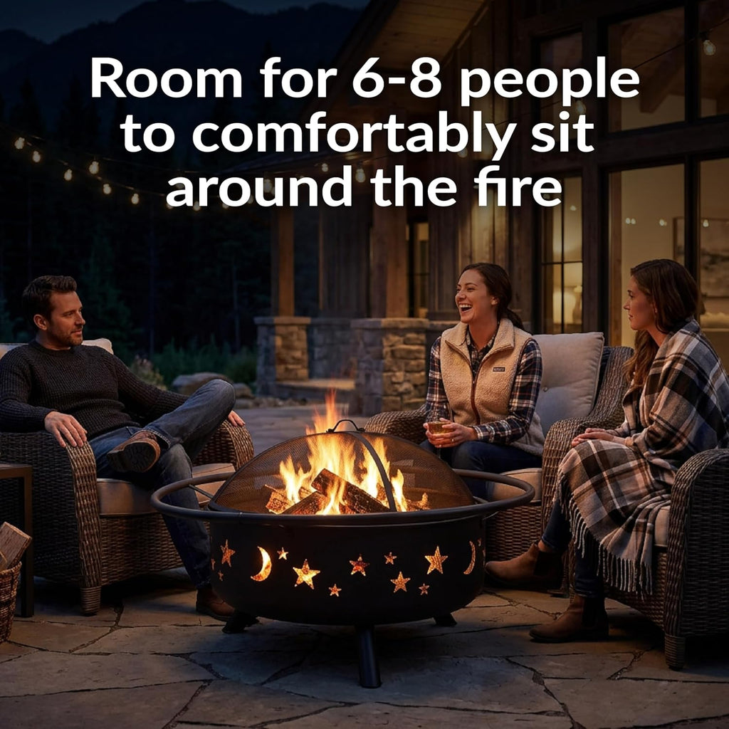 Sunnydaze Cosmic 42" Large Fire Pit for Outside Wood Burning, Round, Metal