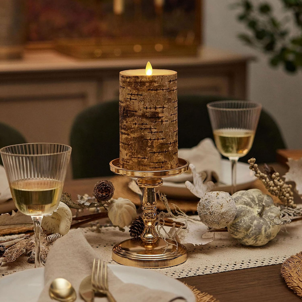 Luminara Real Birch Bark Wrapped Flameless LED Candle, 3.5" x 6.5", Battery Operated Moving Flame Pillar Light with Timer - Natural Decor Unscented