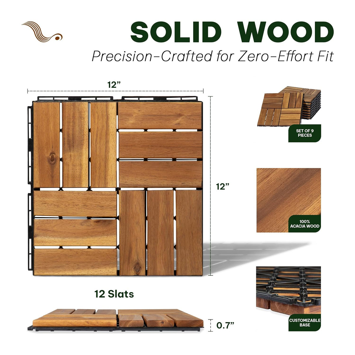 acacia interlocking deck tiles, 9 pcs wood flooring, close-up detail