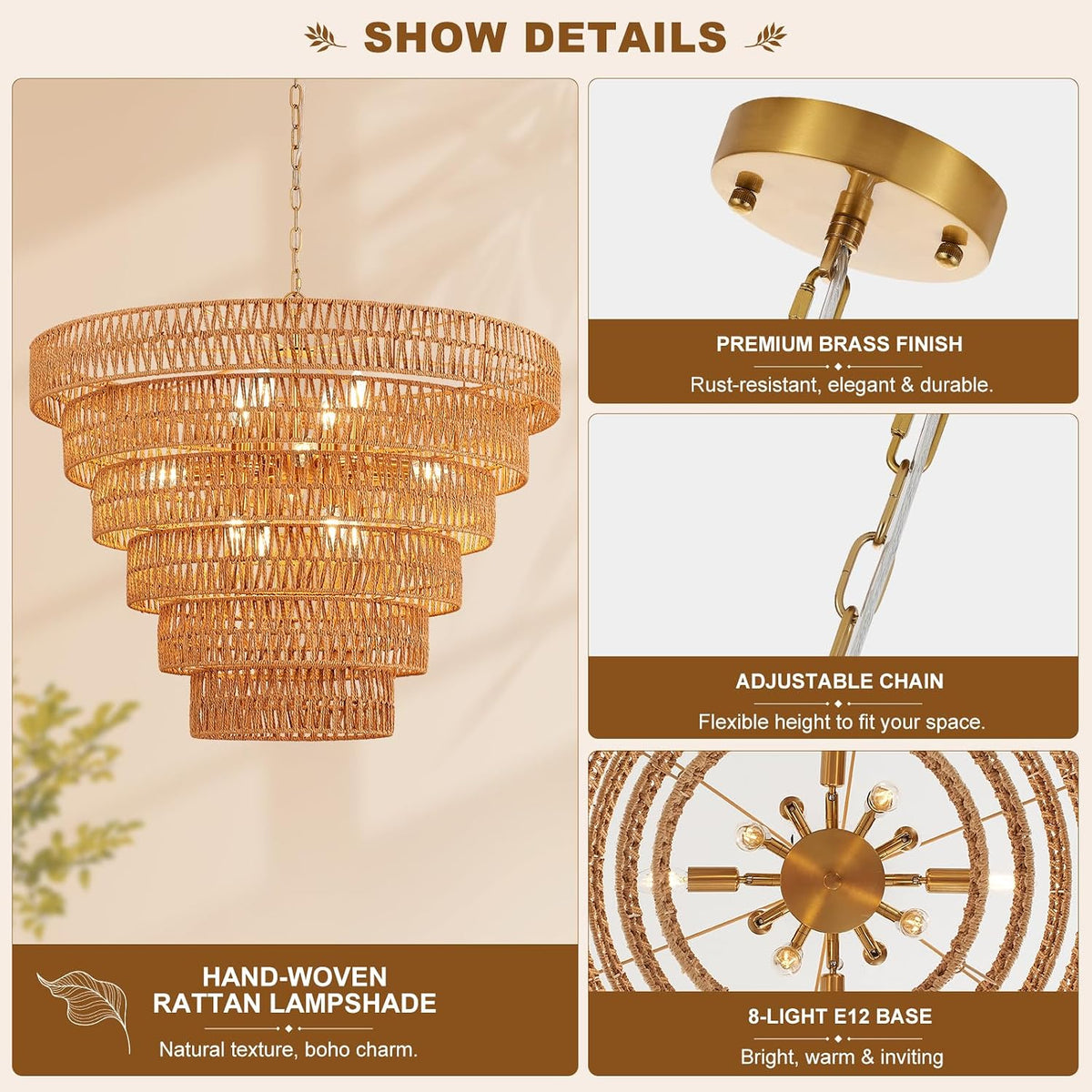 31.5" large gold rattan chandelier, 12-light hand-woven 6-tier, close-up detail