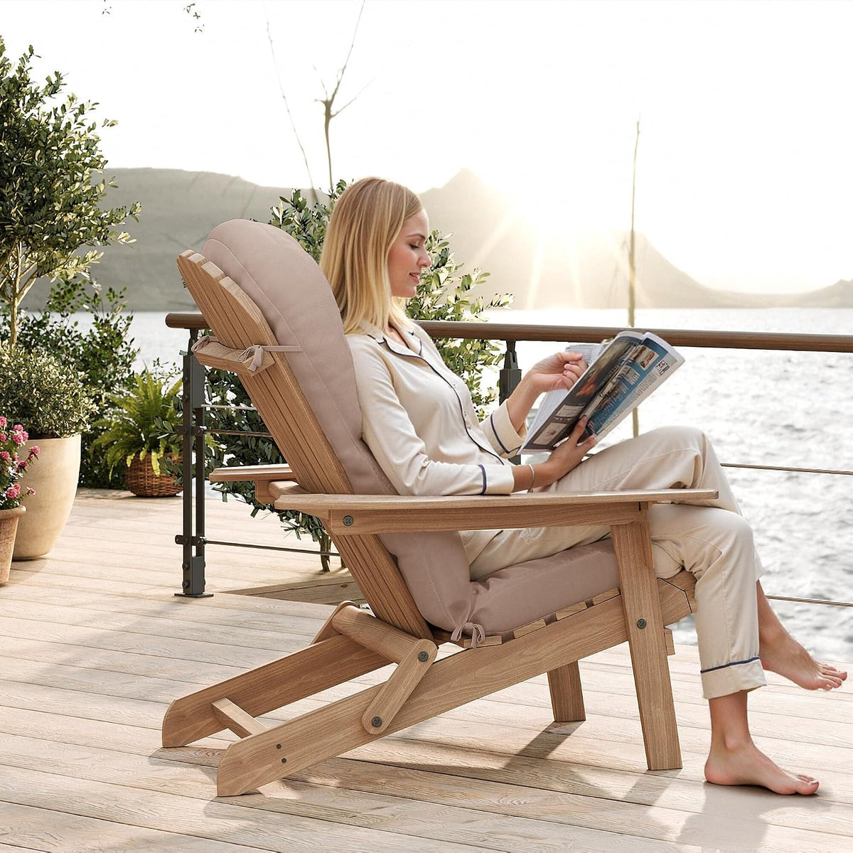 UDPATIO Adirondack Chair Cushion Set of 2, Water-Repellent & Fade-Resistant Outdoor Seat Pads with Ties, High Back Support for Patio, Deck, Porch, Lawn – Upper & Lower Back Comfort，Beige N