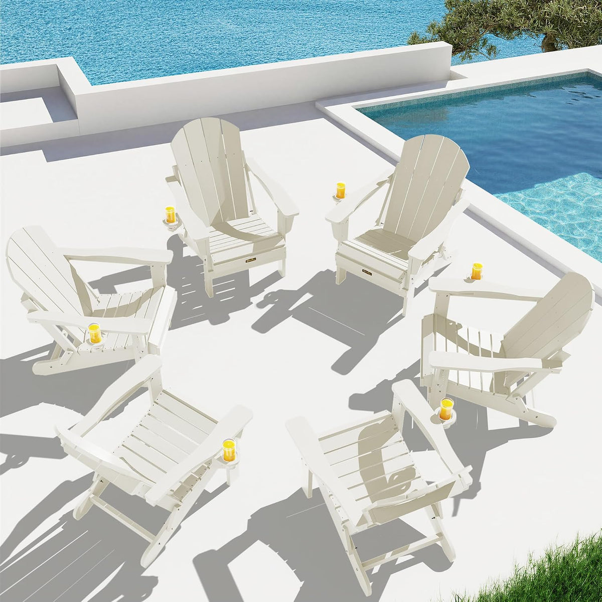 SERWALL Folding Adirondack Chair Set of 2 with Cup Holder, Fire Pit - White