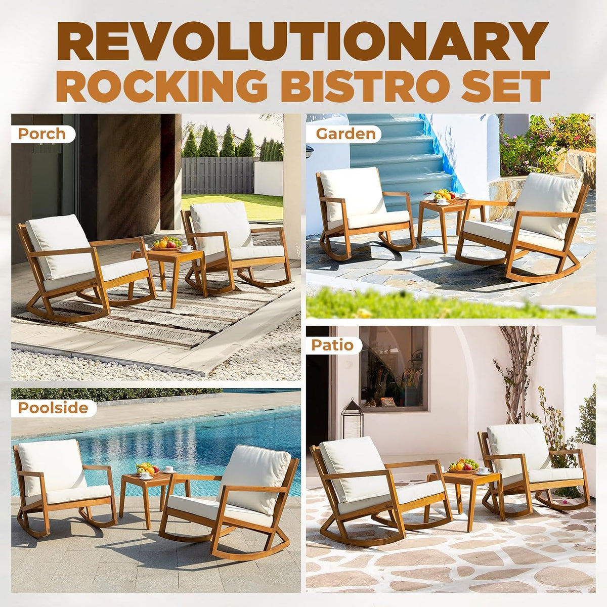 IDZO Outdoor Conversation Rocking Chairs, 3-Piece Patio Bistro Set, 400 lbs