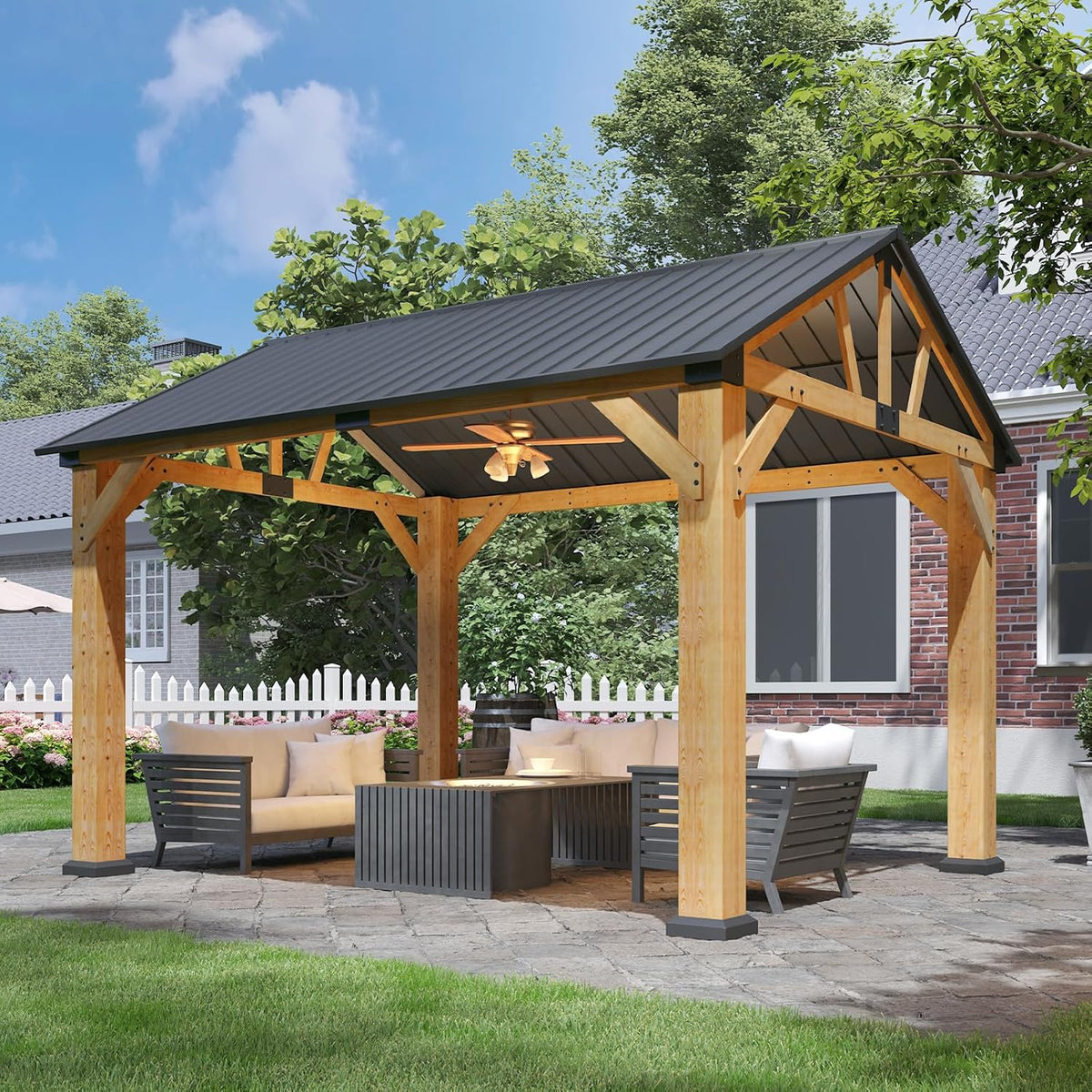 Aoxun 10' x 12' Wood Gazebo with Gable Galvanized Steel Roof, Natural