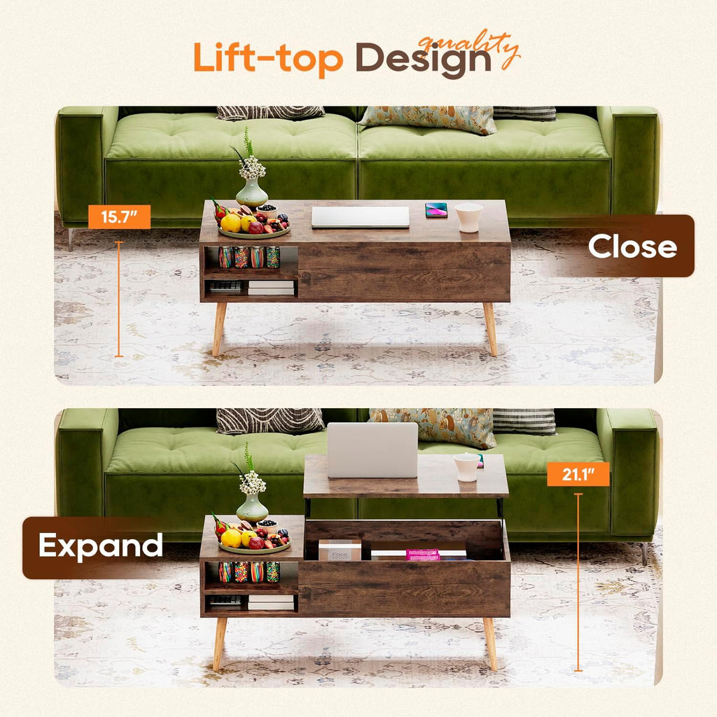 FDW Modern Lift Top Coffee Table Wooden Small Coffee Table with Storage Shelf Hidden Compartment for Living Room Home Office,Brown