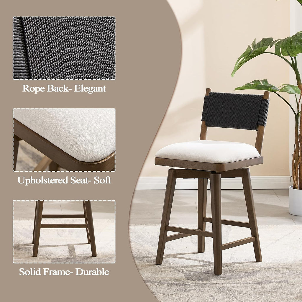 Swivel Counter Stools Set of 4, Linen Fabric Upholstered Kitchen Stool Chairs with Woven Rope Back and Solid Wood Legs, Rustic Armless Barstools 26" for Patio/Balcony, Black Rope