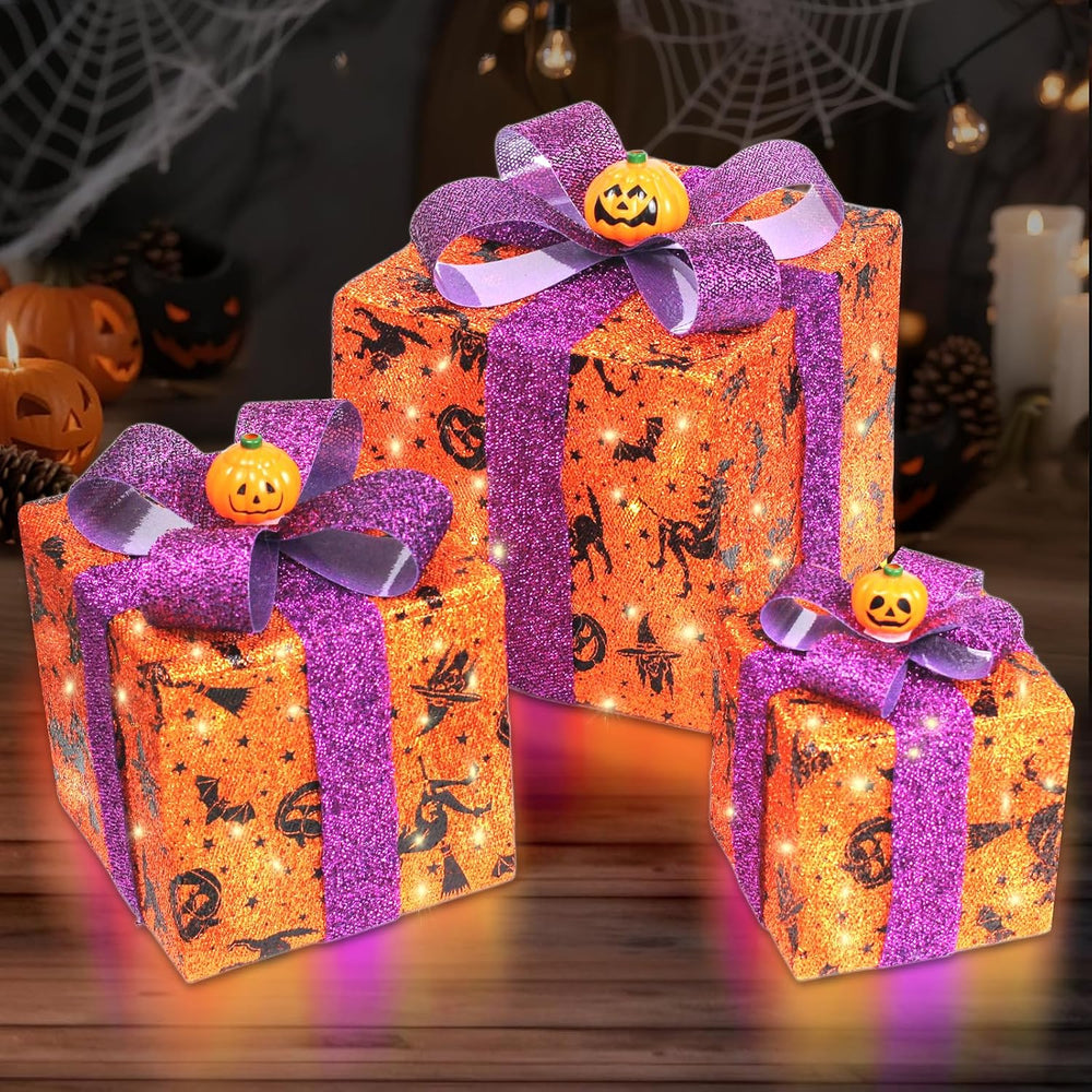 3 Pieces Lighted Boxes Halloween Decorations, Lighted Gift Boxes with Bat,Spi...