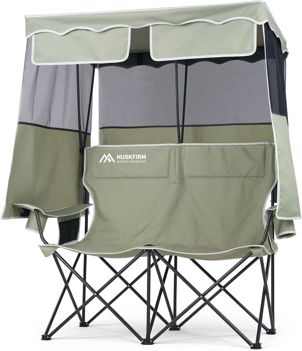 Double Camping Chair with Canopy,2 Person Folding Chair with Canopy, Green