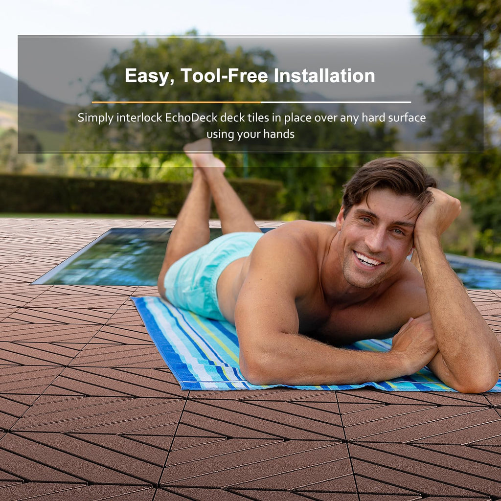 EchoDeck Interlocking Deck Tiles,54 Pack Deck Tiles Interlocking Outdoor All Weather,Patio Deck Tiles,12"x12",Diagonal,Sturdy Base,Highly Durable,Stylish,Non-Slip,Faster-Drying,Efficient,Brown