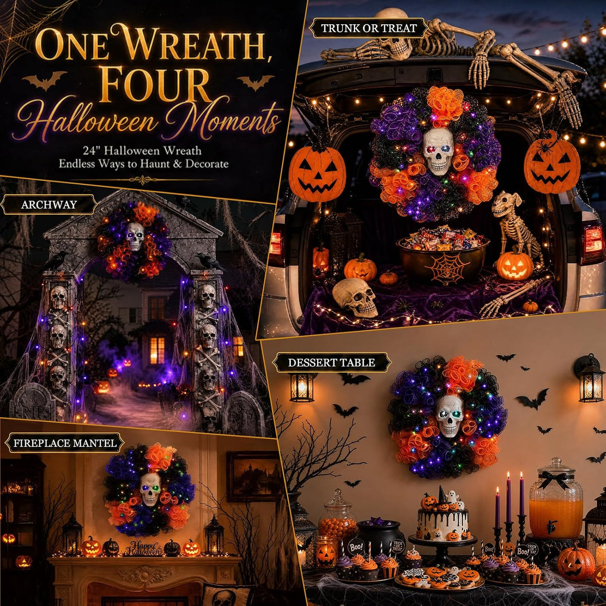 24 in Halloween Wreath with Skull and Color-Changing Lights