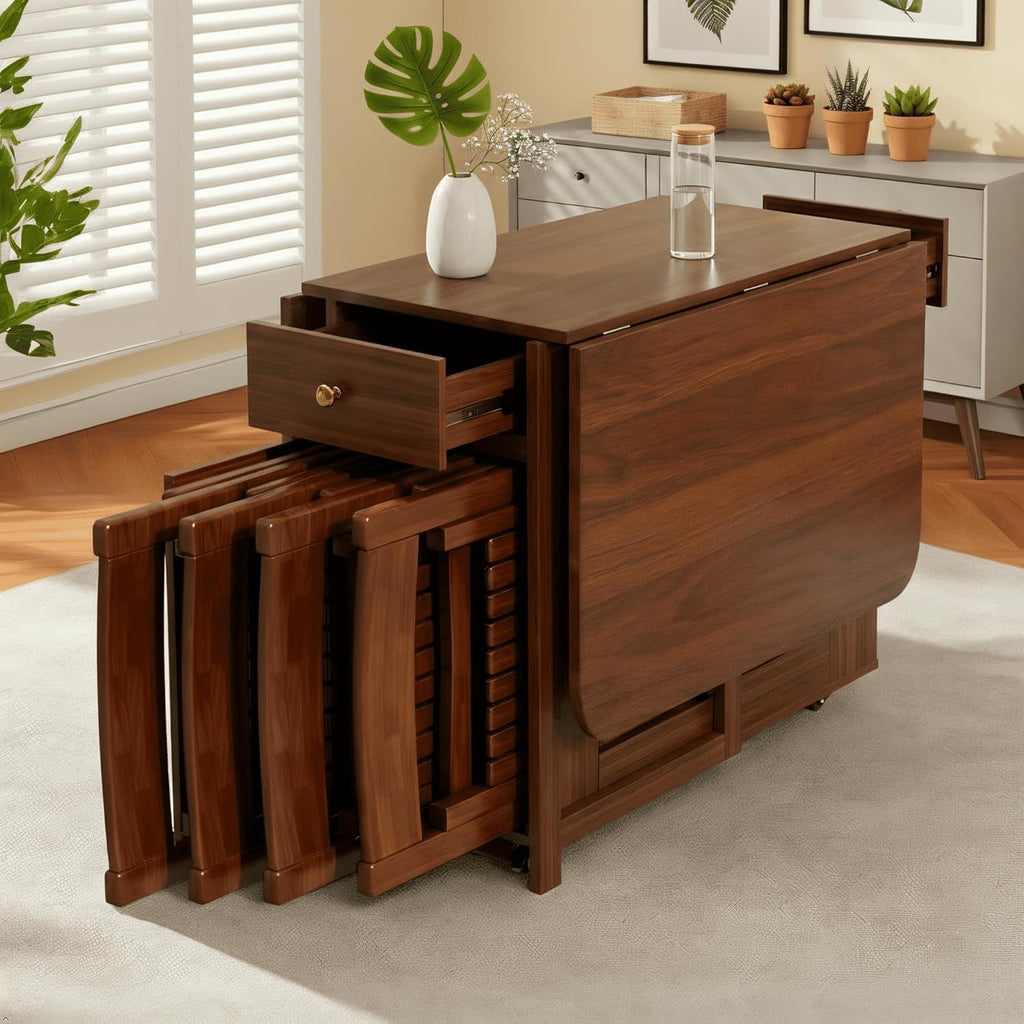 Folding Dining Table and Chairs - 51" Fully Assembled Drop Leaf Table 4-6 Seater with Storage and Lockable Wheels, Space-Saving Set with 4 Chairs for Kitchen or Dining Room (Walnut)