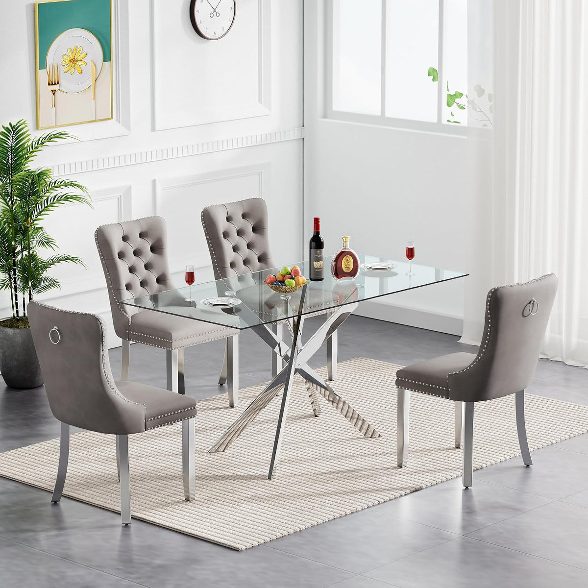 5 Piece Glass Dining Table Set Modern Glass Dining Table Set for 4, 51" Rectangular Kitchen Table and 4 Velvet Upholstered Chairs for Kitchen Dining Room, Silver Table & Grey Chair