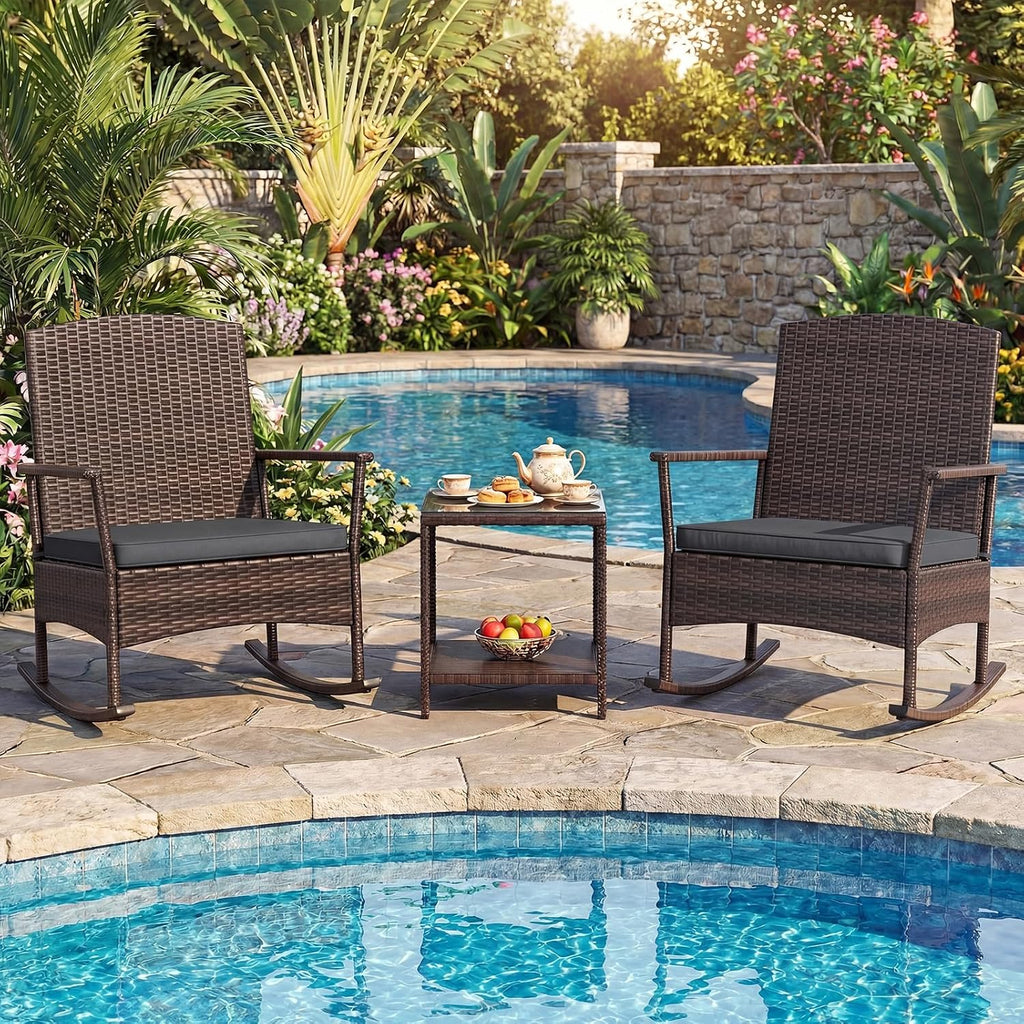 ORALNER 3 Pieces Patio Rocking Chair, Wicker Bistro Set w/Cushions (Gray)
