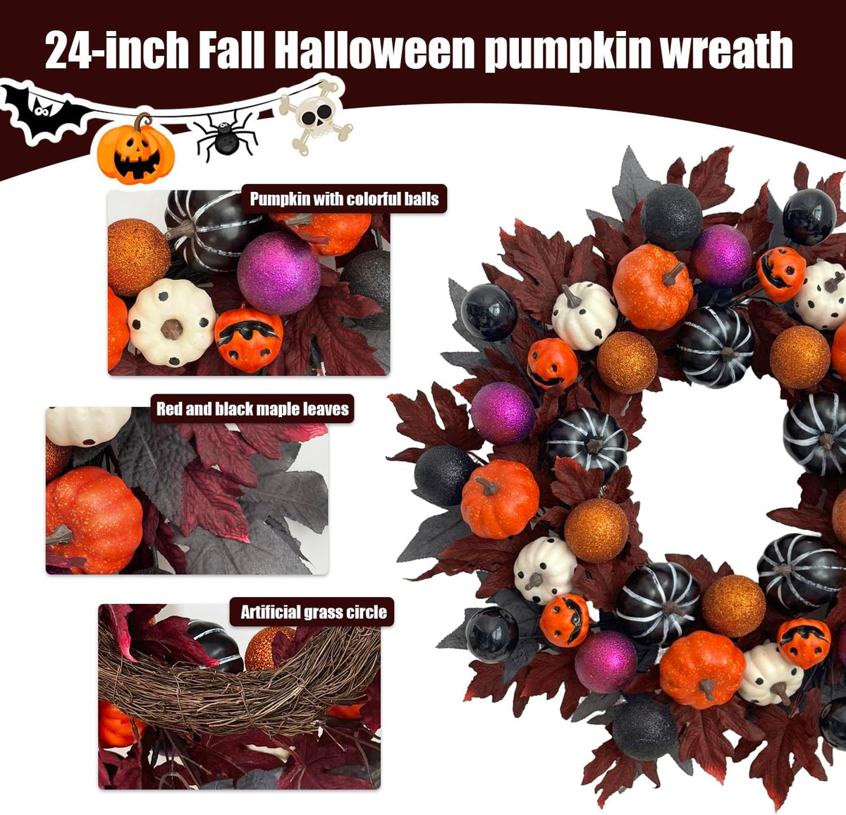 Halloween Ball Wreath for Front Door, 24" Pumpkin Fall Door Wreath