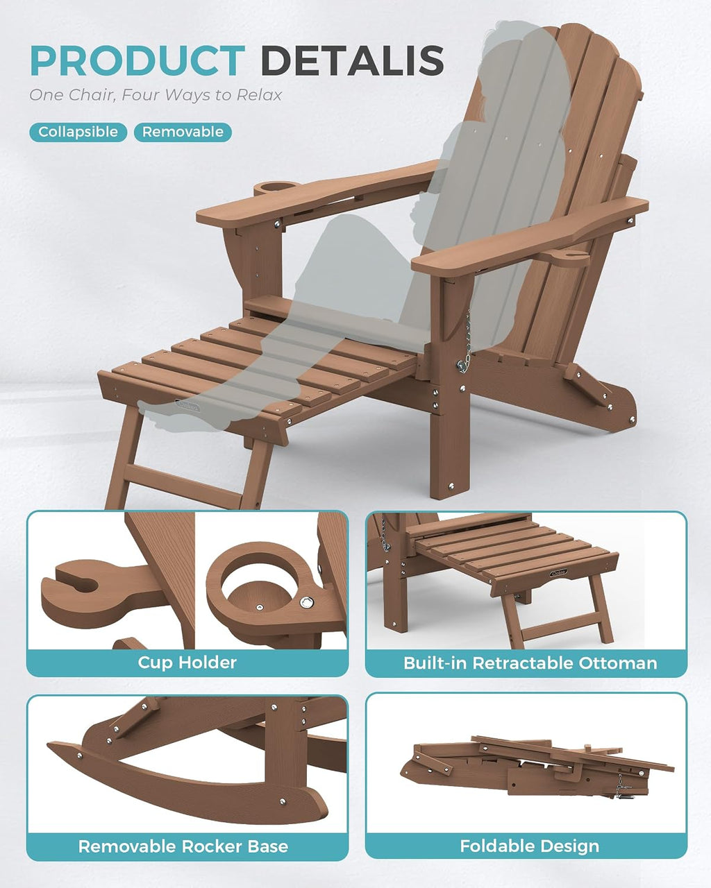 Ciokea Adirondack Rocking Chair with Footrest, Foldable HDPE Rocker (Teak)