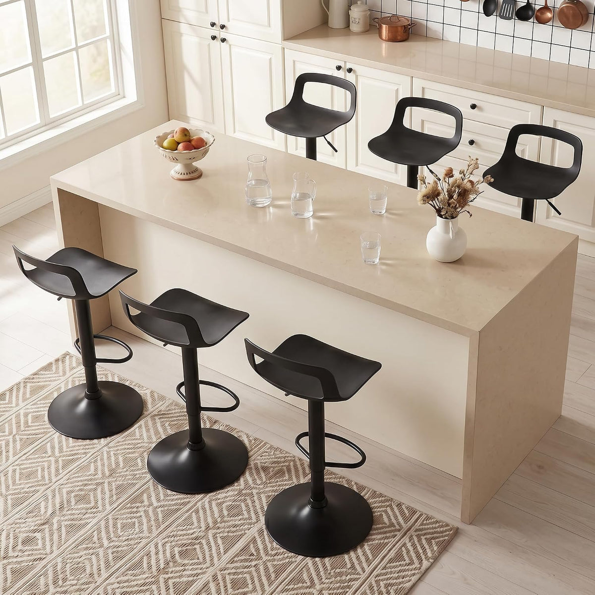 GOTMINSI Modern Adjustable Bar Stool - 300 lbs Capacity, Waterproof PP Seat, Chrome Metal Base, Swivel Counter Stool for Kitchen Island & Pub (4PCS,Black)