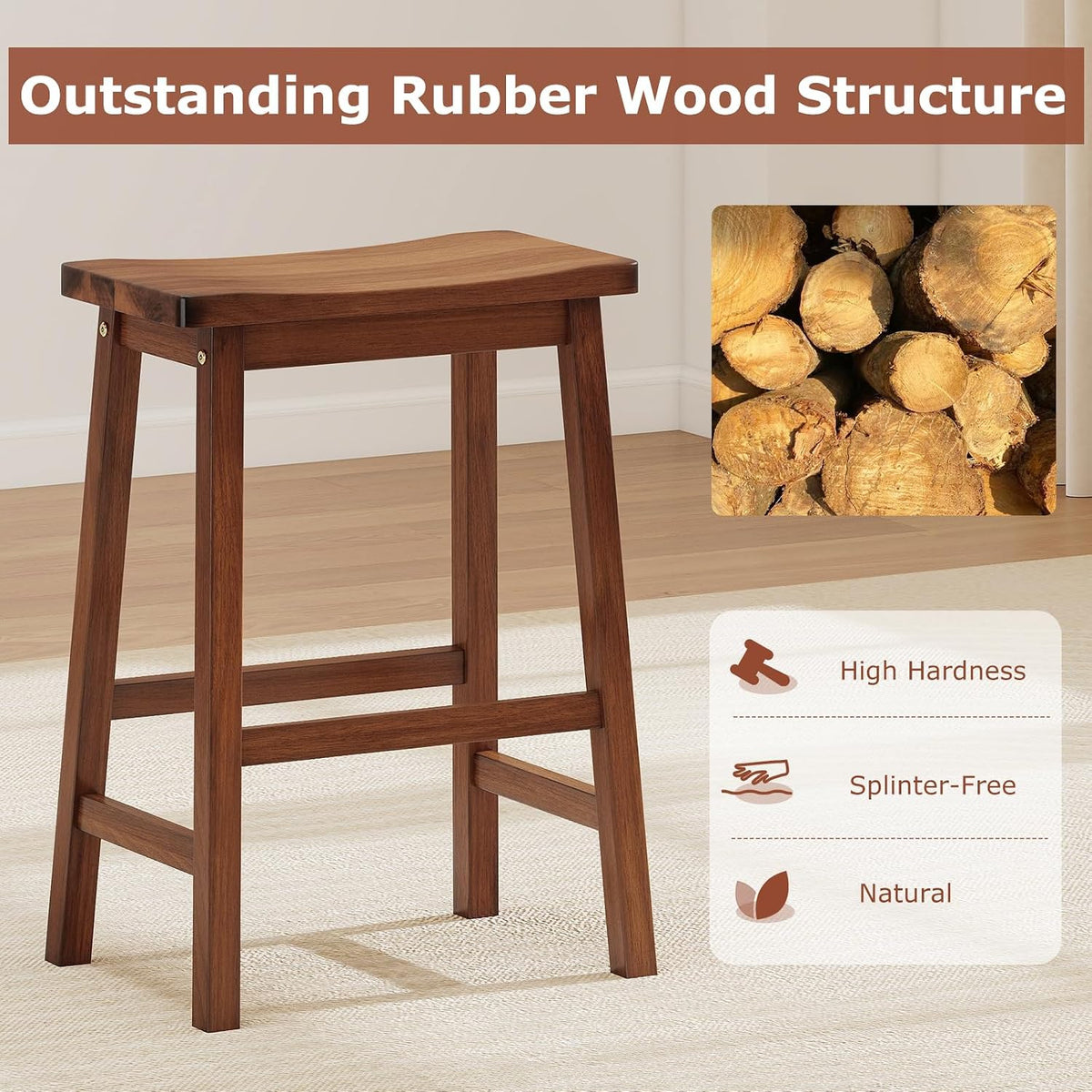 COSTWAY 24-inch Solid Wood Saddle Stools Set of 4 with Footrests, Walnut
