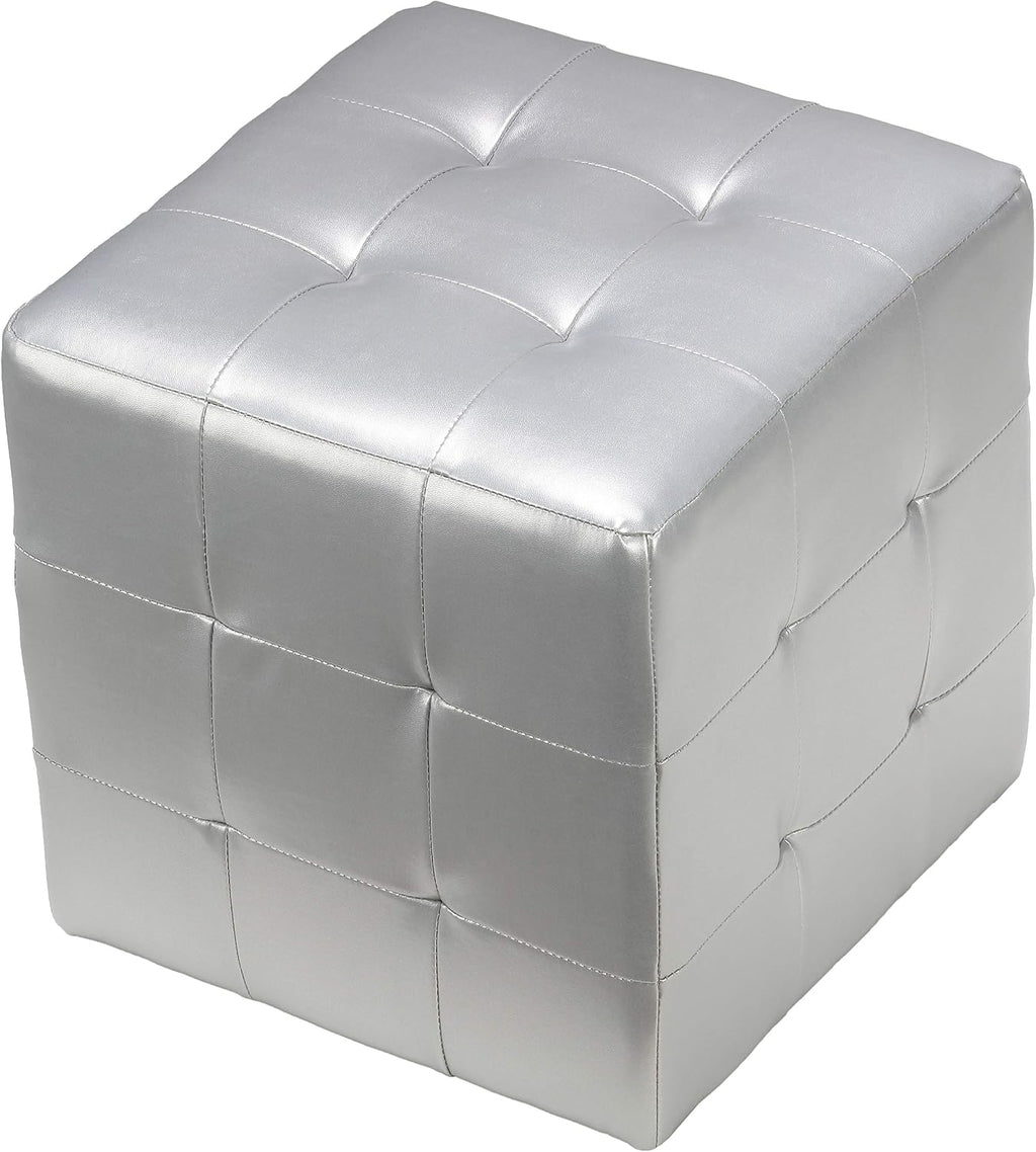 Cortesi Home Apollo Cube Ottoman in Metallic Silver Faux Leather
