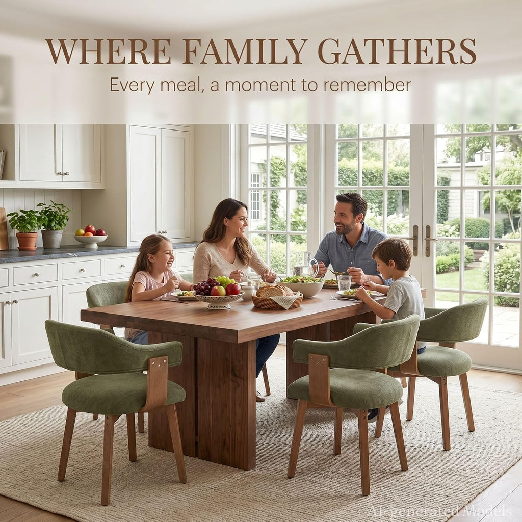 ROCITY Green Dining Chairs Set of 4 Upholstered Dining Room Chairs, Mid Century Modern Kitchen Chairs with Curved Backrest and Wooden Legs for Dining,Living Room