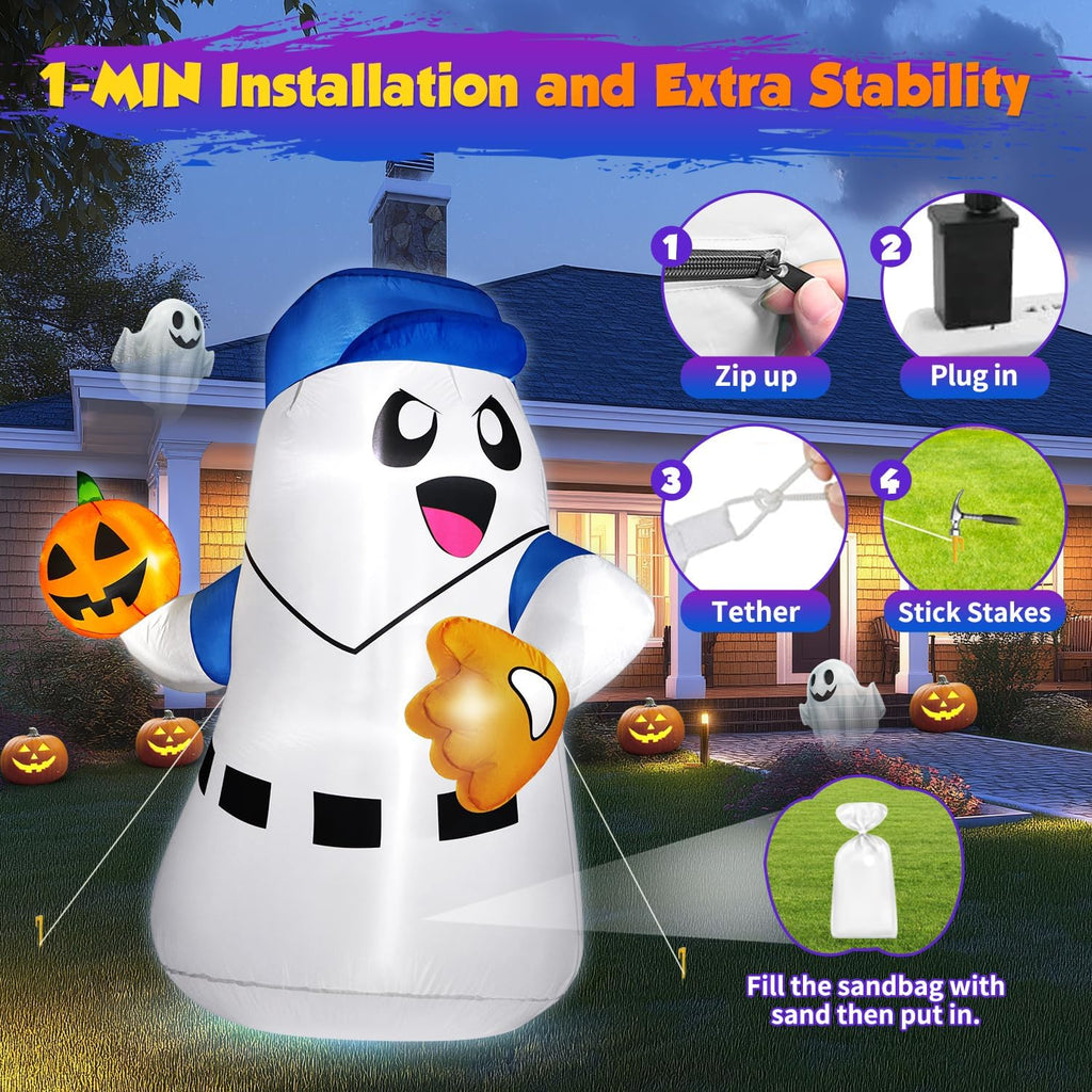 5FT Halloween Inflatables Ghost Pitcher with Pumpkin Baseball, Halloween Decoration Outdoor Blow Up Yard Decoration Built-in Bright LED Lights for Indoor & Outdoor Festival Yard Party