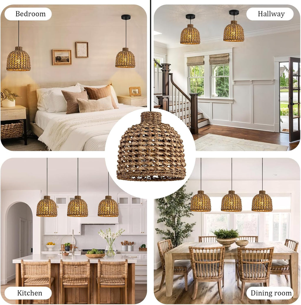 rattan pendant light,mini seagrass hanging light on a desk or shelf