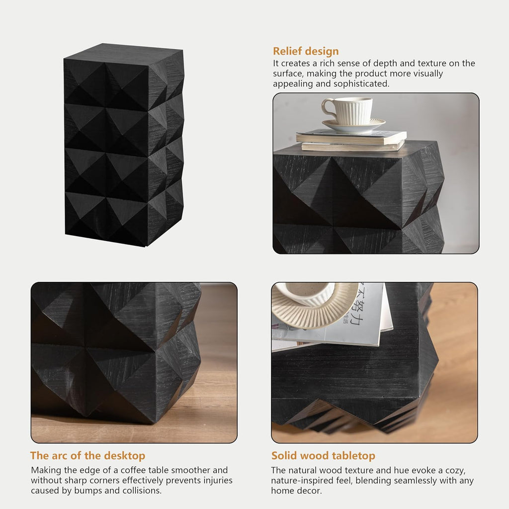 23.62"" Modern Boho end table side table, wooden three-dimensional relief coffee table for apartment bedrooms and offices Black