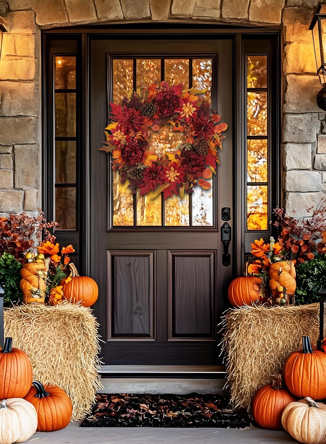 24" Artificial Fall Floral Wreath for Front Door Autumn Wreath with Peony Dahlia Pine Cones for Halloween Thanksgiving Farmhouse Window Wall Décor