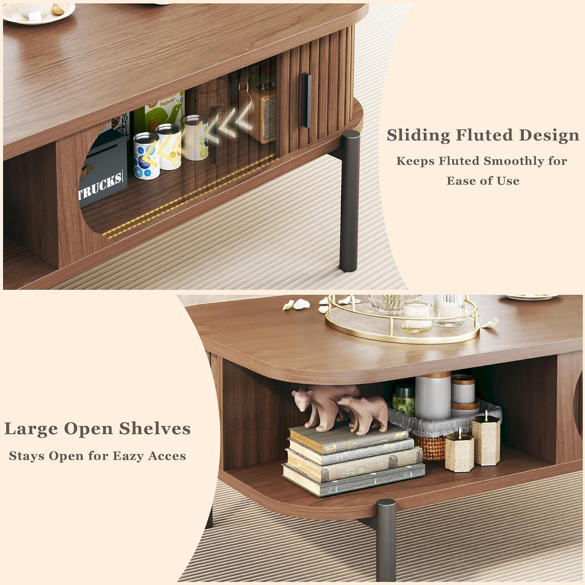 Coffee Table, 39.4" Fluted Coffee Table for Living Room, Mid Century Modern Table with Sliding Cabinet Door 2-Tier Rustic Wood Desktop with Storage Open Shelf, Walnut