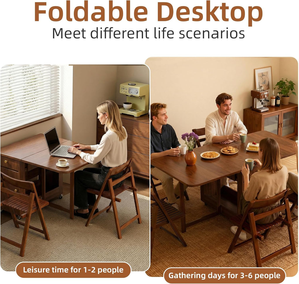Folding Dining Table and Chairs - 51" Fully Assembled Drop Leaf Table 4-6 Seater with Storage and Lockable Wheels, Space-Saving Set with 4 Chairs for Kitchen or Dining Room (Walnut)