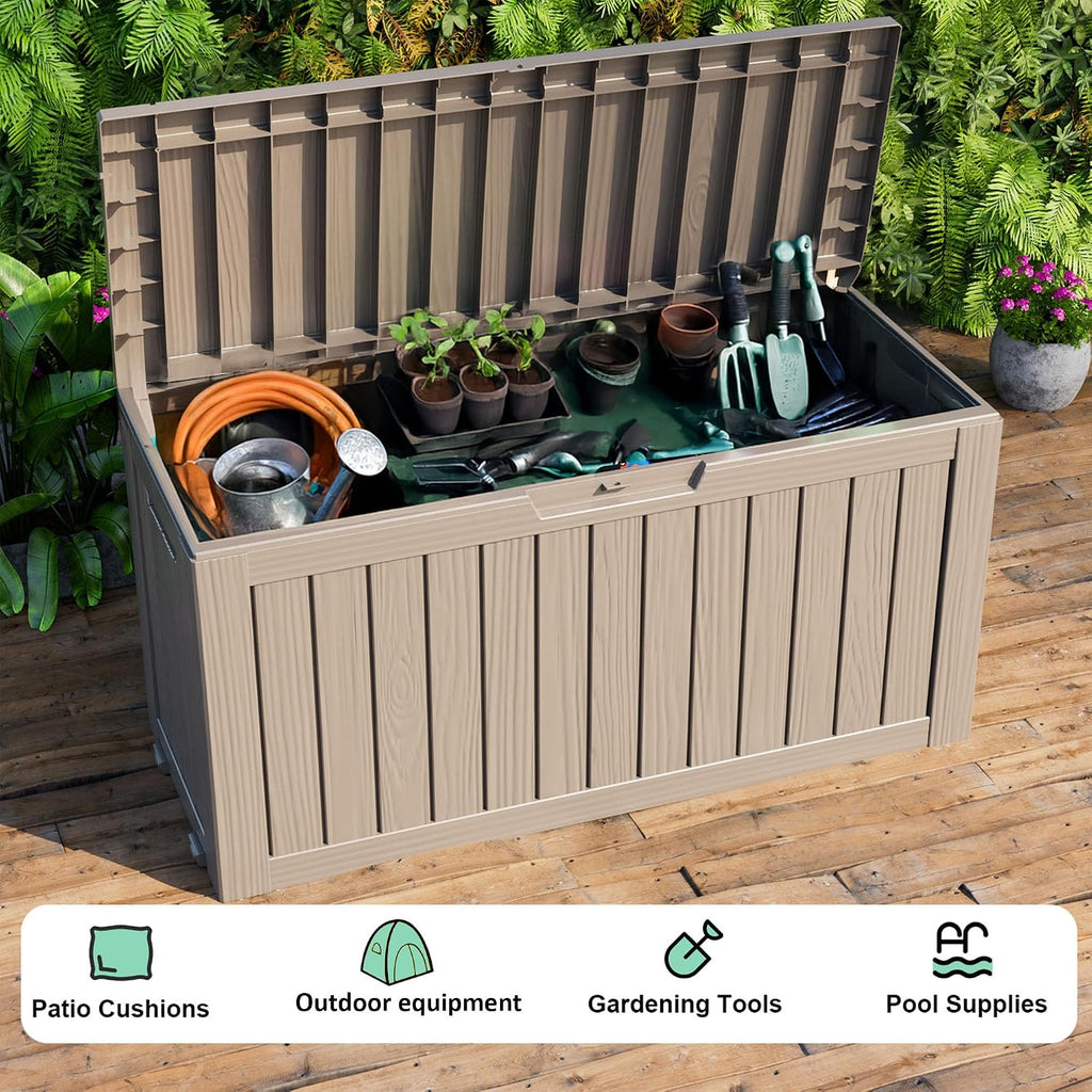 PatioZen 75 Gallon Outdoor Deck Box,Waterproof Resin Outdoor Storage Boxes, Outside Storage Lockable Container for Garden Tools,Indooor Cushions,Accessories (Grey)