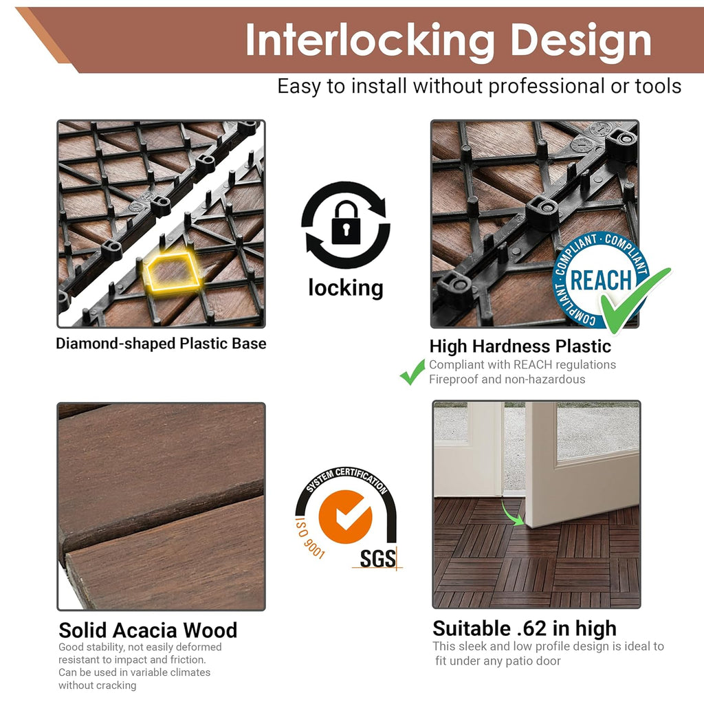 PrimeZone 54 PCS Solid Acacia Wood Interlocking Patio Deck Tiles Outdoor