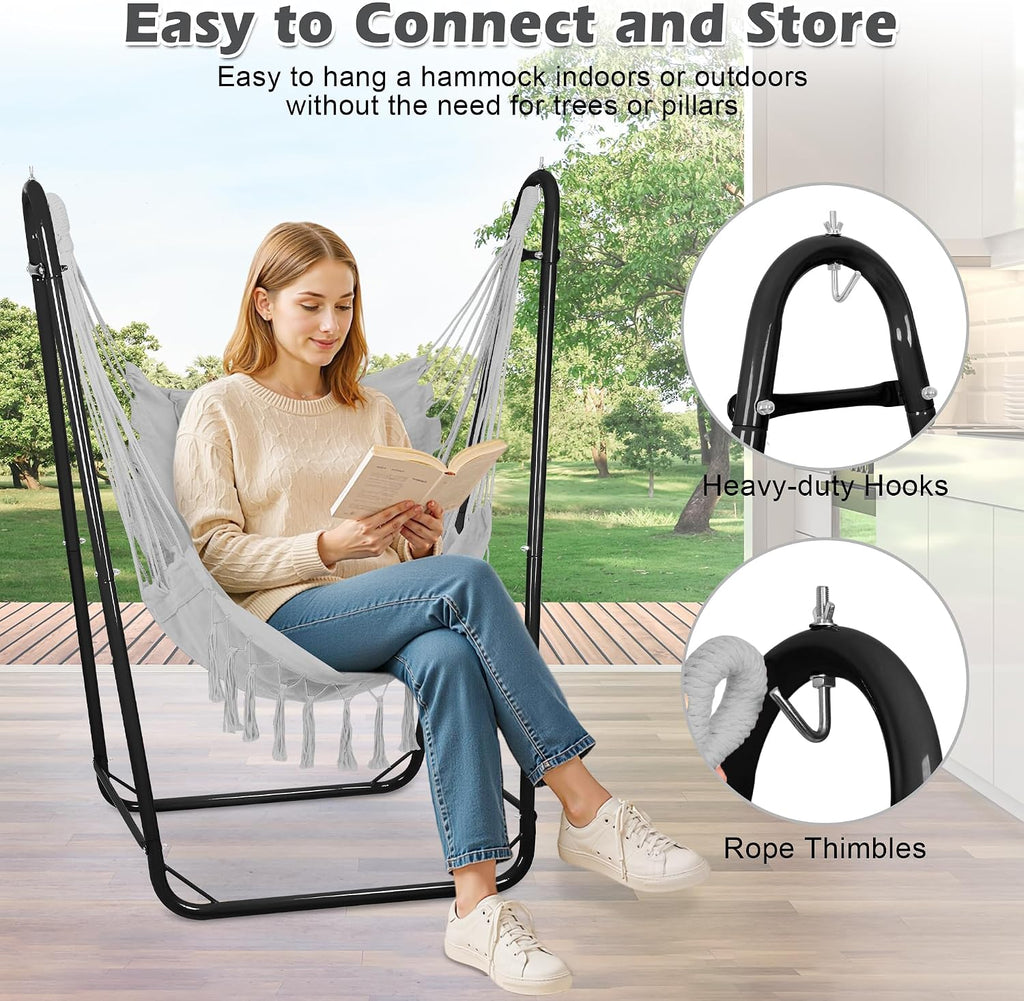 Hammock Chair with U Shape Stand, Cotton Swing Chair with Side Pocket